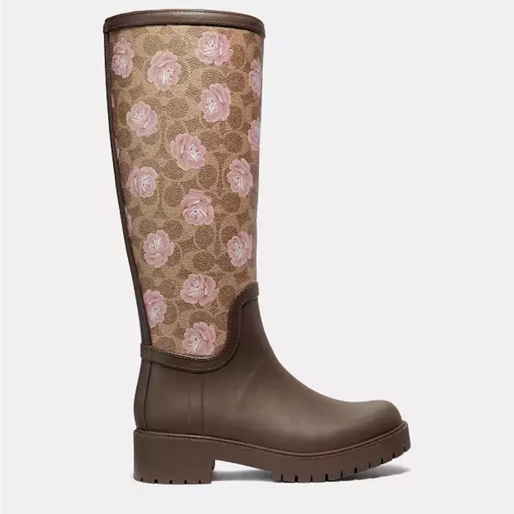Coach Brown Floral Knee-High Women's Rain Boots